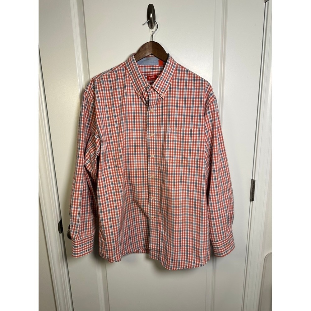 IZOD Mens XL Long Sleeve Button Down Shirt Red White Blue Plaid 100% Cotton - Picture 3 of 6